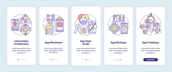 UI and UX design steps onboarding mobile app page screen with concepts. Information building architecture walkthrough 5 steps graphic instructions. UI vector template with RGB color illustrations