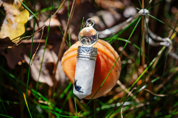 Crystal quartz and agate pendant necklace on autumn forest mushroom