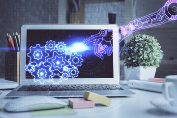 Double exposure of desktop with personal computer on background and tech theme drawing. Concept of Bigdata.