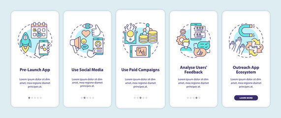 App marketing tips onboarding mobile app page screen with concepts. Pre launch app showing walkthrough 5 steps graphic instructions. UI vector template with RGB color illustrations