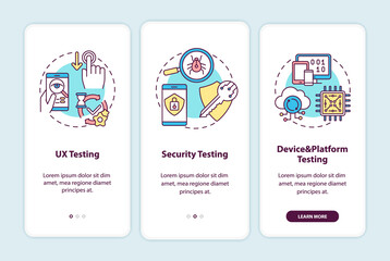 Obraz na płótnie Canvas App testing components onboarding mobile app page screen with concepts. User experience testing walkthrough 3 steps graphic instructions. UI vector template with RGB color illustrations