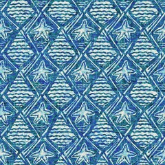 Teal blue star fish weathered grunge nautical texture background. Summer coastal living style home decor tile. Under the sea life star material. Worn turquoise dyed beach textile seamless pattern.
