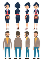 Fototapeta premium Stylish businesspeople wearing office suits, accessories. Elegance jacket and dress. Office worker dresscode. Businesswomen and businessmen with style office cloth. Dresscode of business person