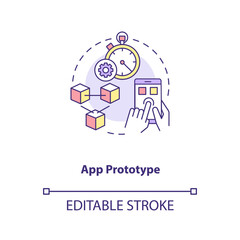 App prototype concept icon. UI and UX design steps. Beta version of innovative project. Application production idea thin line illustration. Vector isolated outline RGB color drawing. Editable stroke