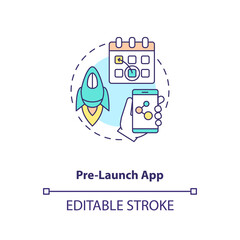 Naklejka premium Pre launch app concept icon. App marketing tips. Production before assigned date. Demo version of application idea thin line illustration. Vector isolated outline RGB color drawing. Editable stroke