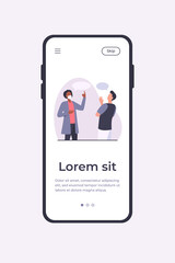 Man in mask talking with guy without mask. Discussion, speech bubble, virus flat vector illustration. Pandemic and protection concept for banner, website design or landing web page