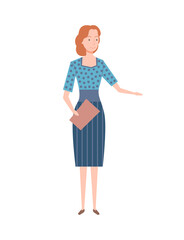 Standing teacher character person in blue blouse in dark blue dots and lined long skirt, holding her book and pointing with her left hand cartoon vector