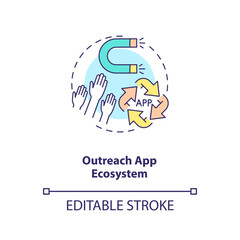 Outreach app ecosystem concept icon. App marketing tips. Reach target audience. Getting lots of users attention idea thin line illustration. Vector isolated outline RGB color drawing. Editable stroke