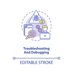 Troubleshooting and debugging concept icon. App developer skills. Finding different errors and bugs idea thin line illustration. Vector isolated outline RGB color drawing. Editable stroke