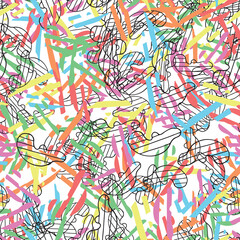 Vector abstract seamless pattern. Texture background, colored, black shapes, lines.