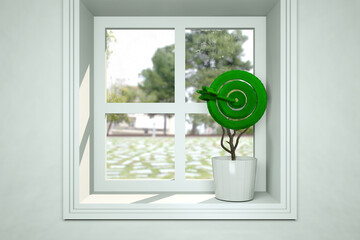 Small plant in pot on window as a plant shaped target. Business consept. 3d Render