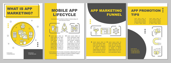 Mobile app lifecycle brochure template. App marketing funnel. Flyer, booklet, leaflet print, cover design with linear icons. Vector layouts for magazines, annual reports, advertising posters