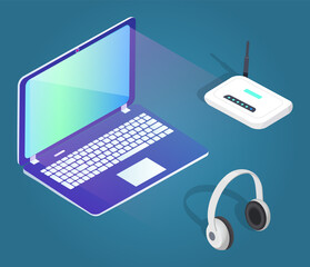 Collection of modern gadgets and equipments. Laptop with glowing screen and modem, big headphones. PC for work or education. Innovative technologies with wide monitor, vector in isometric style