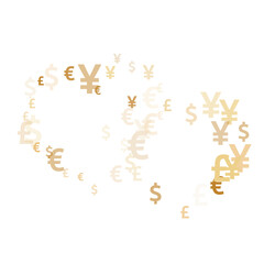 Euro dollar pound yen gold signs flying money vector illustration. Income concept. Currency tokens 
