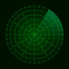 Green radar screen. Military air search system. Vector HUD radar display. Futuristic interface radio detection.