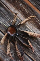 Americano coffee and brown chestnut leaf macro