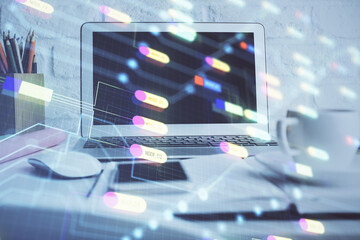 Double exposure of desktop with personal computer on background and tech theme drawing. Concept of Bigdata.