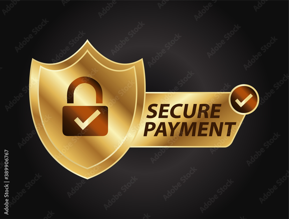 Fototapete secure payment, text with pad lock with tick mark golden vector illustration