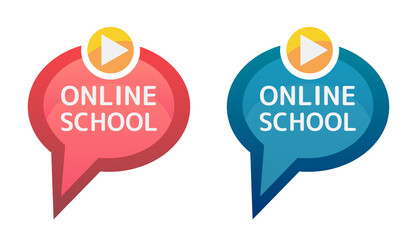 Online school icon. Vector red and blue icons of internet class isolated on a white background. Online teaching, distance education, distance learning, e-learning. Speech bubble with a play icon.