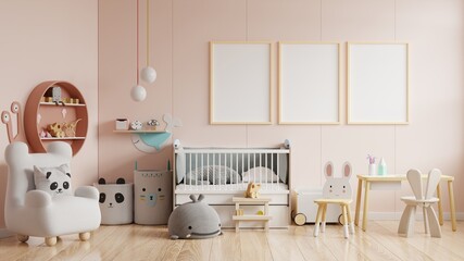 Mock up posters in child room interior, posters on empty Cream color wall background.