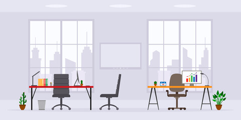 Design of modern empty office work place front view vector illustration. Flat style table, desk, chair, computer, desktop, window isolated on skyscraper background