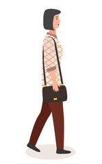Young woman is walking, wearing trousers and a sweatshirt with bag on her shoulder. Girl in profile. Modern woman with a short haircut. Woman is smiling and walking. Flat vector illustration.
