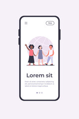 Multiethnic kids holding hands. Globe in background. World, multinational, friend flat vector illustration. Diversity and nations concept for banner, website design or landing web page