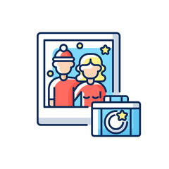 Winter photoshoot RGB color icon. Family festive photo. Couple portrait. Wife and husband pose for shot. Romantic Christmas activity. New Year photo shooting. Isolated vector illustration