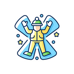Snow angel RGB color icon. Winter fun. Seasonal entertainment for children. Christmas celebration. Kids play on festive holiday. Outstreched person in coat and hat. Isolated vector illustration