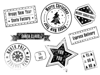 Set of vintage and new year stamps on a white background. Round seal. North pole, New year, Santa Claus, Christmas. Vector prints for postcards, letters, and greetings.