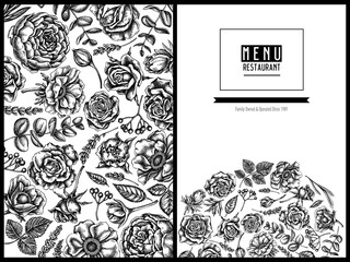 Menu cover floral design with black and white roses, anemone, eucalyptus, lavender, peony, viburnum