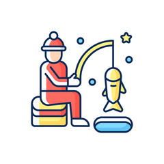 Ice fishing RGB color icon. Fisherman with rod. Fisher lure and catch on bait. North icy lake. Winter season recreation. Wintertime entertainment. Northern cold. Isolated vector illustration