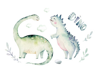 Cute cartoon baby dinosaurs collection watercolor illustration, hand painted dino isolated on a white background for nursery poster decoration. Rex children funny art