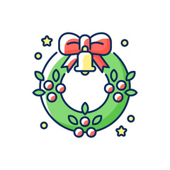 Christmas wreath RGB color icon. Xmas tree decoration. Traditional New Year ornament. Ribbon bow. Festive season decor. Wintertime greeting. Merry Christmas. Isolated vector illustration