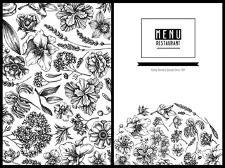 Menu cover floral design with black and white anemone, lavender, rosemary everlasting, phalaenopsis, lily, iris