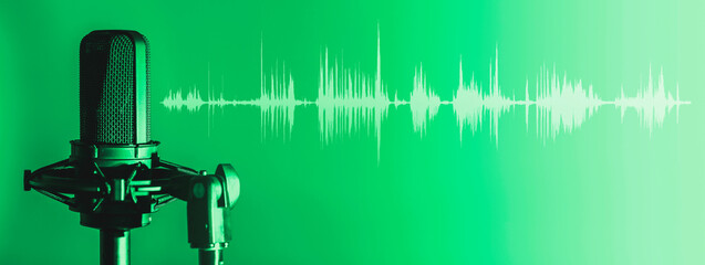 Microphone with waveform on green background, broadcasting or podcasting banner - obrazy, fototapety, plakaty