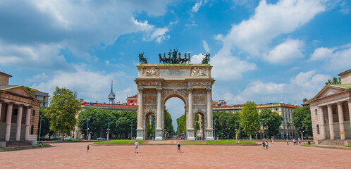 Panoramic view over Triumphal Arch called Arch of Peace (Porta Sempione) in Milan historical...