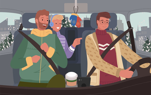 Smiling men friends sitting in car and traveling together. Male character wearing sweater warm clothes and driving in snowy city. Adventure of boys in transport with cup and mittens symbols vector