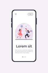 Two cheerful women celebrating and jumping with gifts. Present, loudspeaker, fun flat vector illustration. Promotion and advertising concept for banner, website design or landing web page