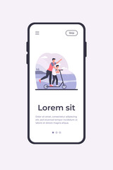 Young father riding on electric scooter with son. Family, landscape, park flat vector illustration. Activity and summer vacation concept for banner, website design or landing web page