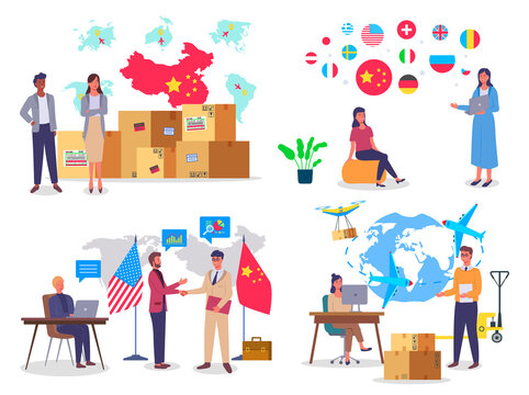 Set of people images, traders and buyers. World trade, China and US. Large packing boxes. Round flag badges. Satellite, airplane, cargo transportation. Transporter, logisticians, attract customers