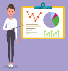 Office worker stylish businesswoman standing near board with visual presentation. Growing graphic. Web analytics, analysing business statistics. Woman with pointer show presentation isolated