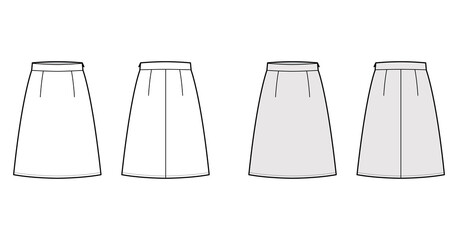 Skirt A-line fullness technical fashion illustration with knee length silhouette, thick waistband, side zipper. Flat bottom template front, back, white grey color style. Women, men, unisex CAD mockup