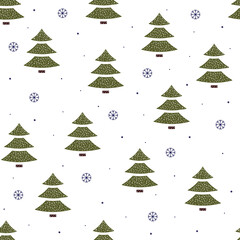 Seamless pattern of Christmas trees and snowflakes in flat style on a white background.