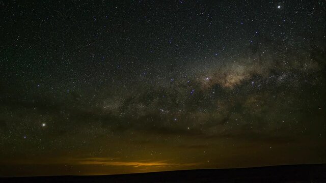 Spectacular night sky timelapse in Sutherland, South Africa, showing the milky way and faint light pollution from Cape Town.