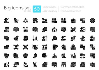 Communication skills black glyph icons set on white space. Career achievement. Online conference. Teamwork management. Job vacancy. Silhouette symbols. Vector isolated illustration