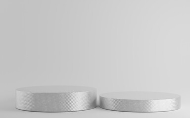 Silver cylinder podium background. Abstract pedestal scene with geometrical. Scene to show cosmetic products presentation. Mock up design empty space. Showcase,shopfront,display case,3d illustration