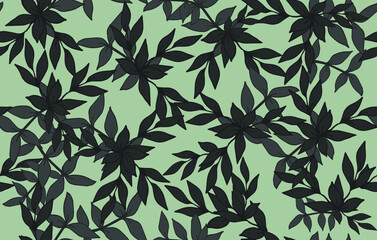 Seamless pattern with gray, black leaves, branches on a gray-blue background. Design for interior, background, fabric, textile, paper, decoration, design, packaging, wallpaper.