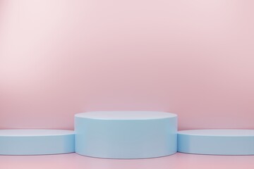 3d rendering scene with composition empty step blue cylinder podium for cosmetic product presentation & abstract background. Mockup Geometric shape in blue pastel colors. Minimal design empty space.