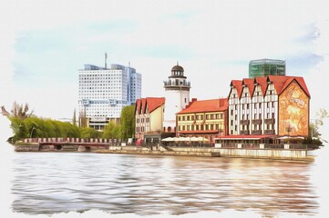 The city of Kaliningrad. Lighthouse in Fish Village. Imitation of oil painting. Illustration